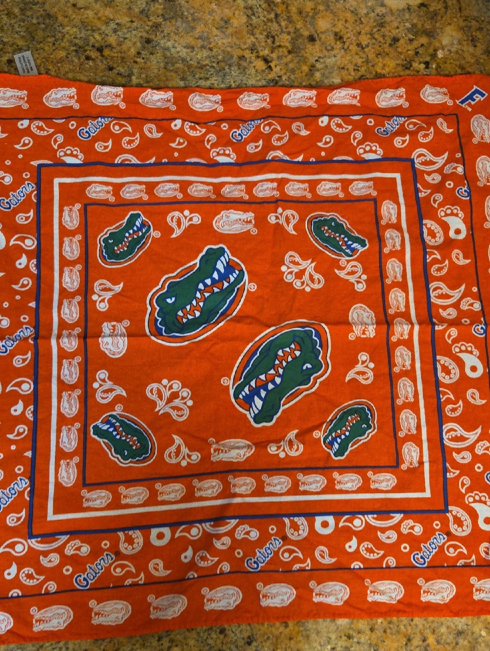 Vintage Florida Gators Cotton Bandana Scarf - Orange Paisley Gator Head Print.